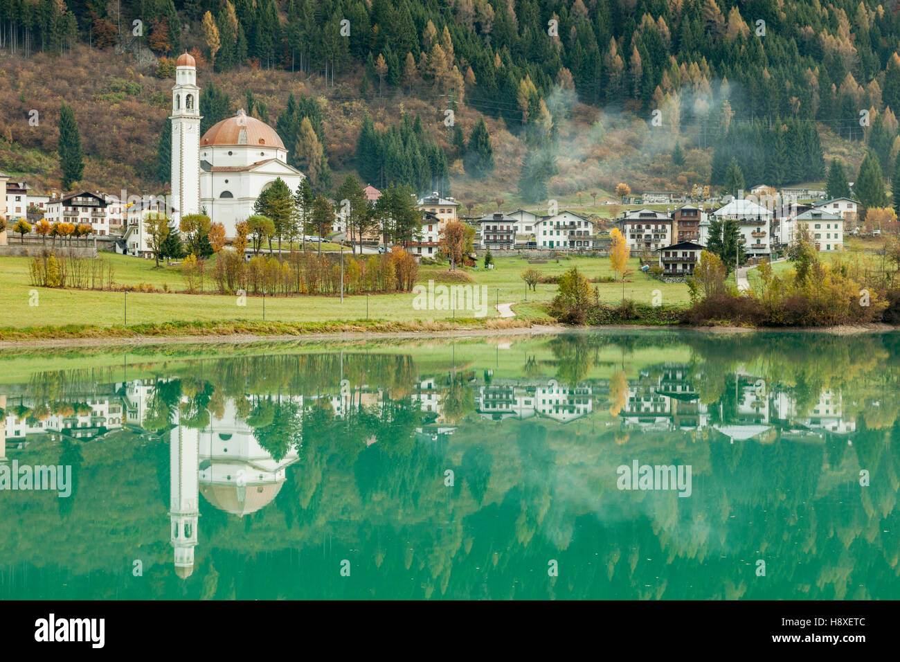 Autumn morning at Santa Caterina lake in Auronzo di Cadore, Dolomites, Italy. Stock Photo