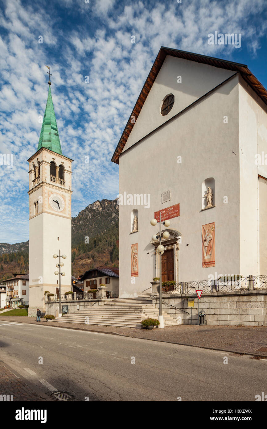 Autumn morning at the church in Auronzo di Cadore, Dolomites, Italy. Stock Photo