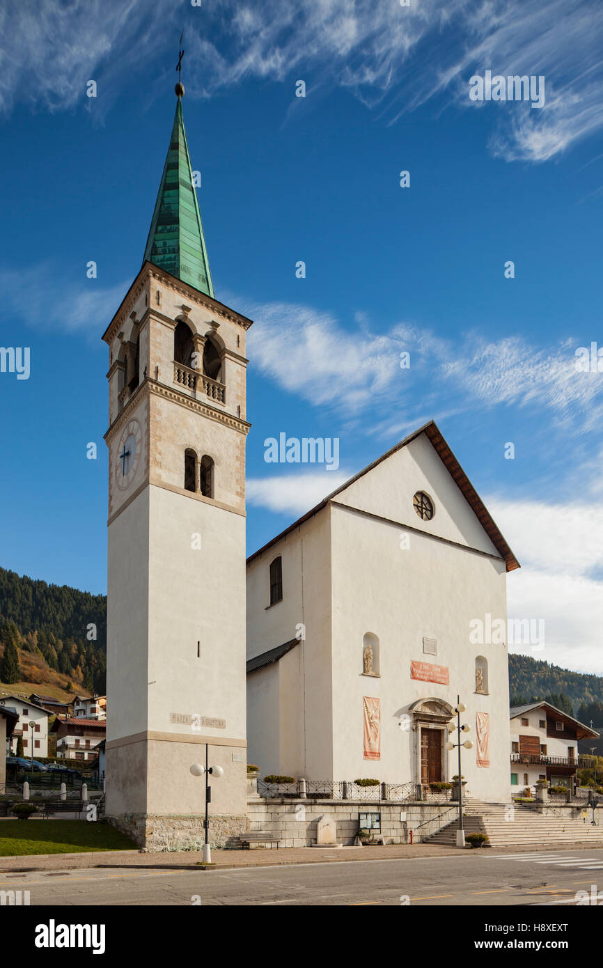 Autumn morning at the church in Auronzo di Cadore, Dolomites, Italy. Stock Photo