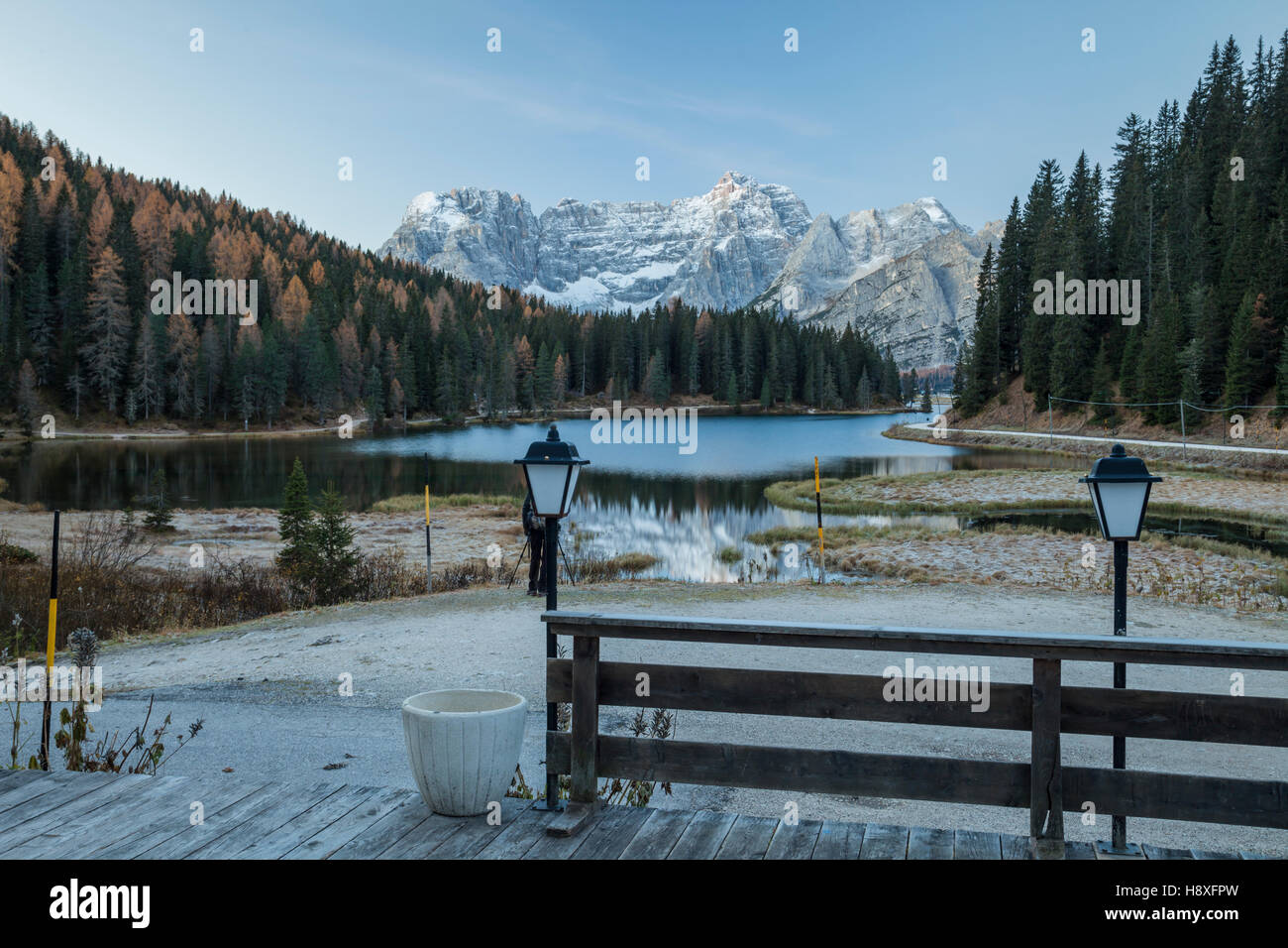 Cold autumn dawn at lake Misurina, Dolomites, Italy. Stock Photo