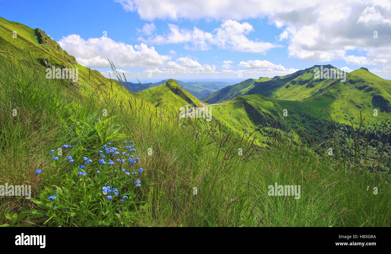 Panoramic landscape of volcanic mountains (Puy de Sancy, Massif Central, France) Stock Photo