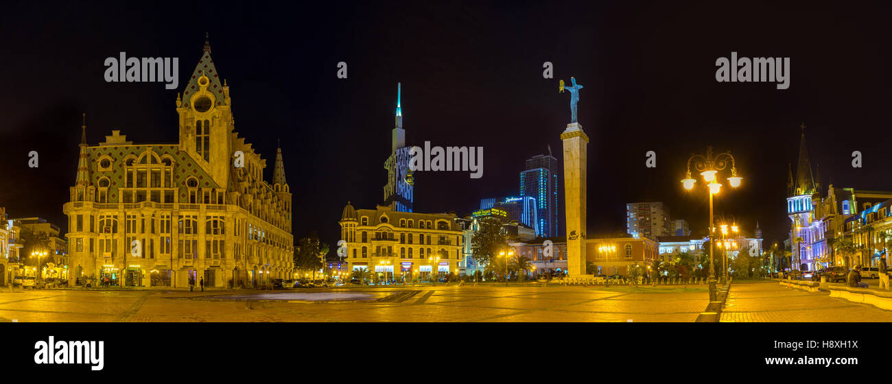 Panorama of the Europe Square with its main landmarks in bright illumination, Batumi, Georgia. Stock Photo