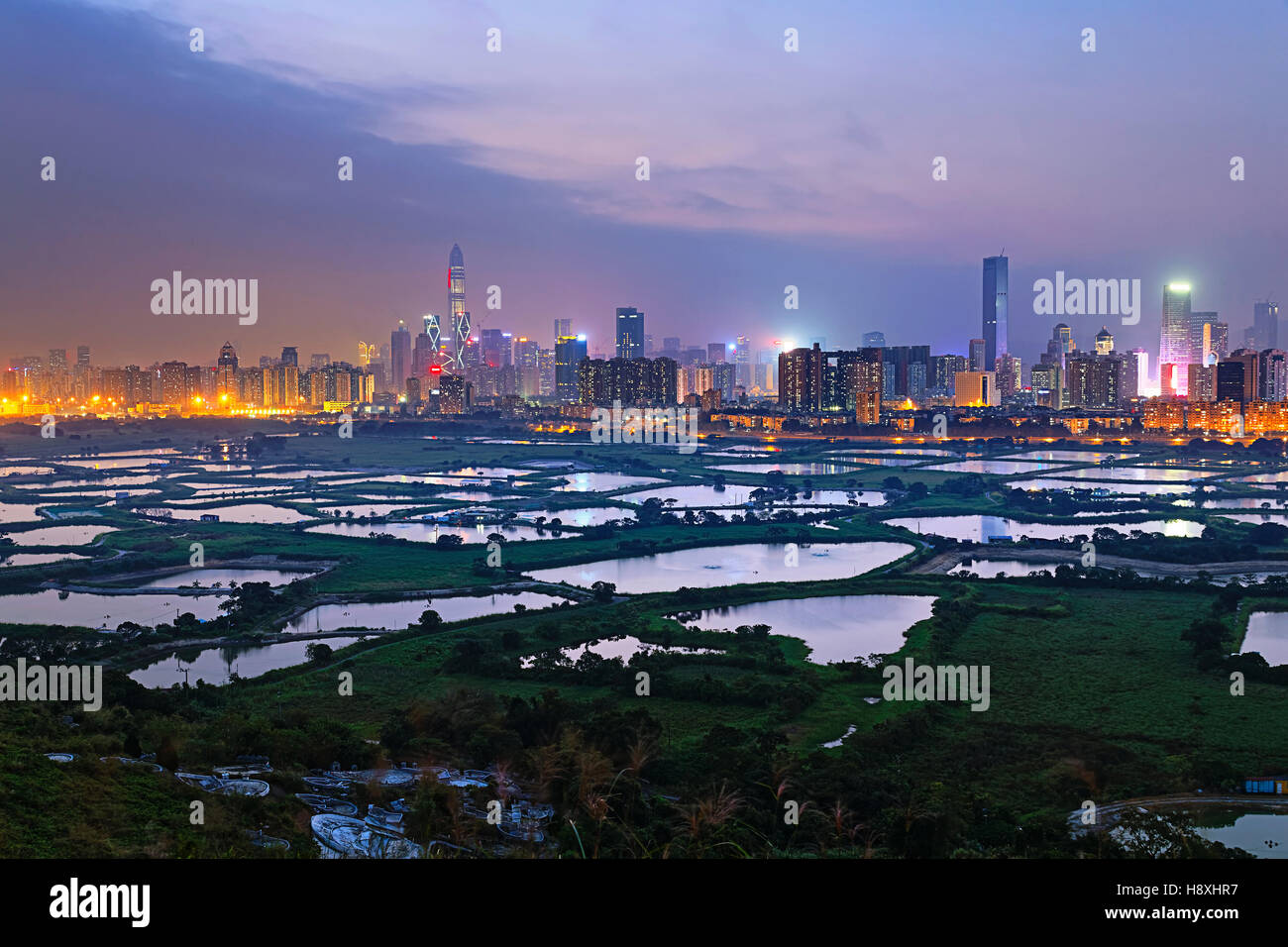 Shenzhen citscape at night , view from hiong kong countryside Stock Photo