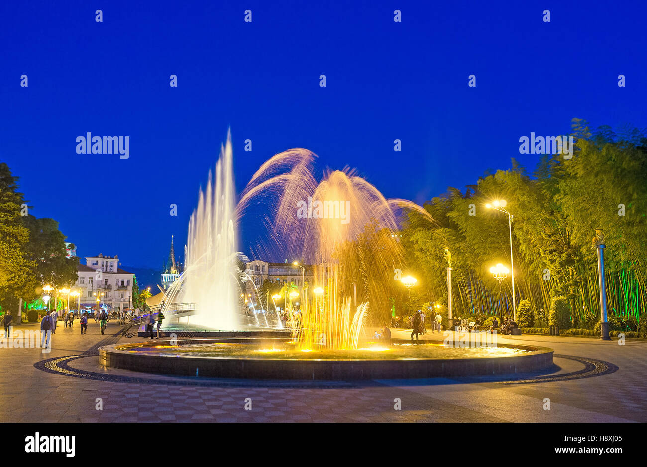 The dancing fountains in Primorsky (Seaside) park attract the tourists from all city, Batumi, Georgia. Stock Photo