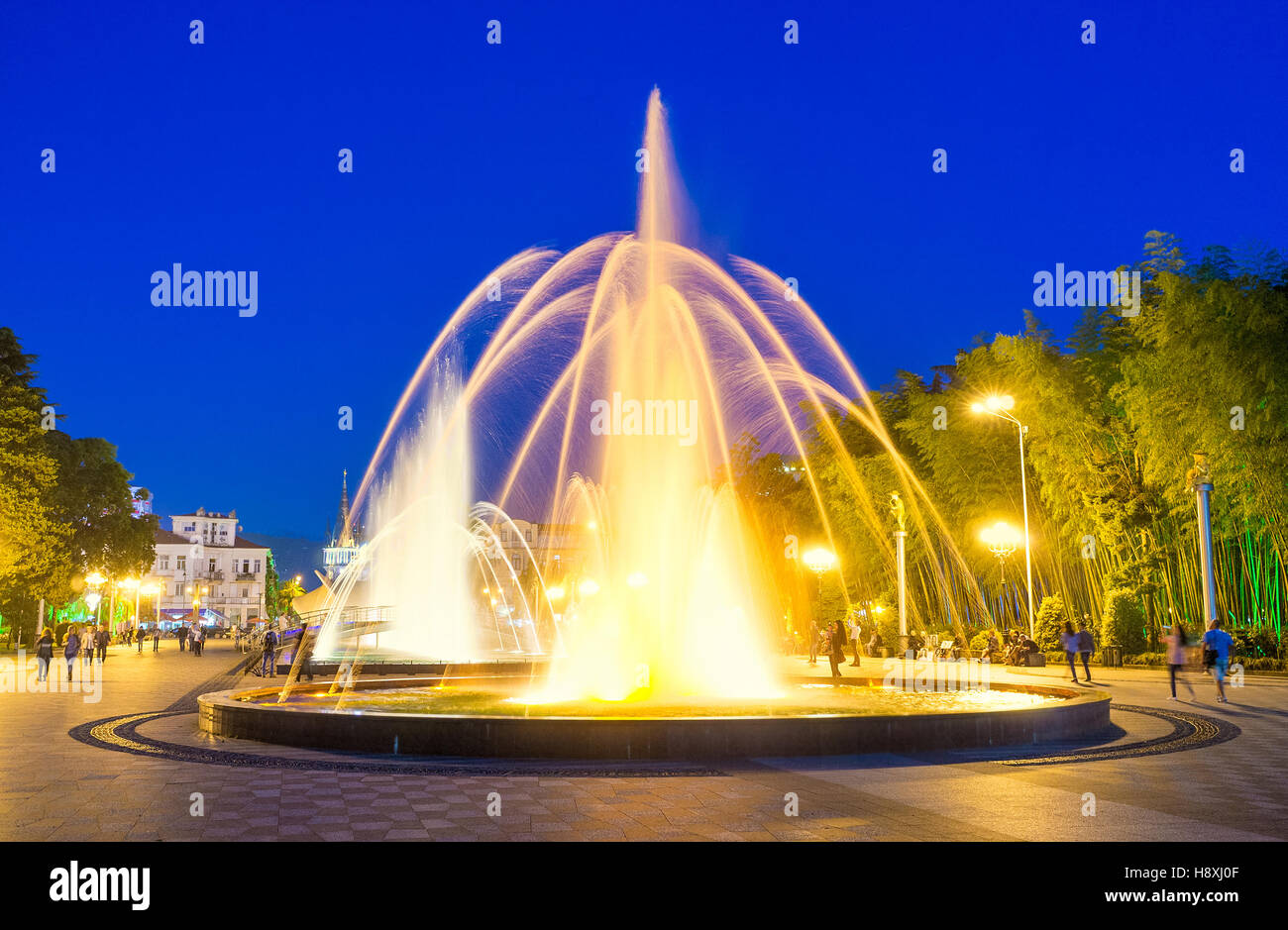 The singing and dancing fountains in Primorsky (Seaside) park are considered as attraction number one in city, Batumi, Georgia. Stock Photo