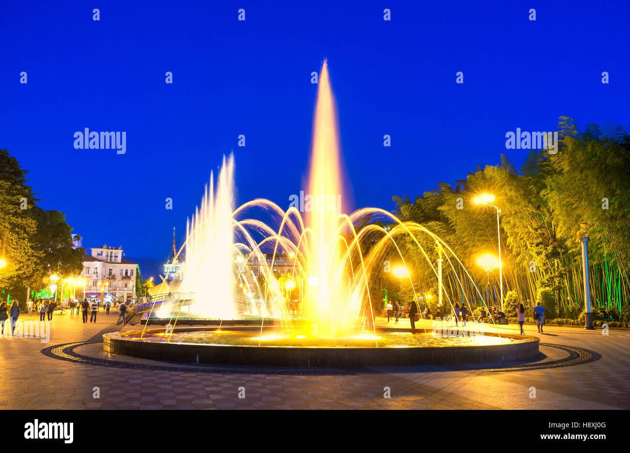 The beautiful show of dancing fountains in Batumi Boulevard, Georgia. Stock Photo