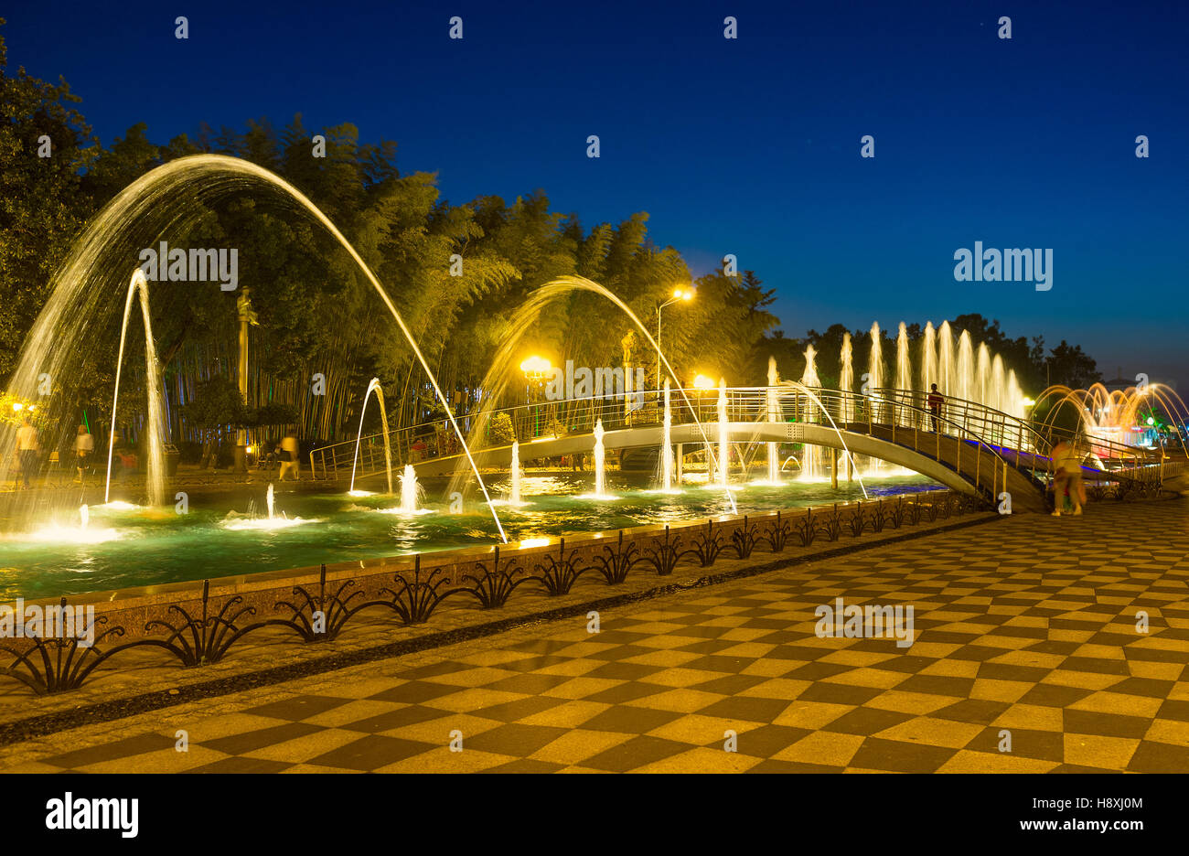 The springs of water dances in thebright lights during the evening show in the Seaside park of Batumi, Georgia. Stock Photo