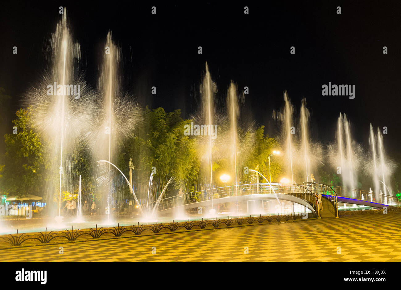 The show of singing and dancing fountains is popular among all ages tourists, visiting Batumi, Georgia. Stock Photo