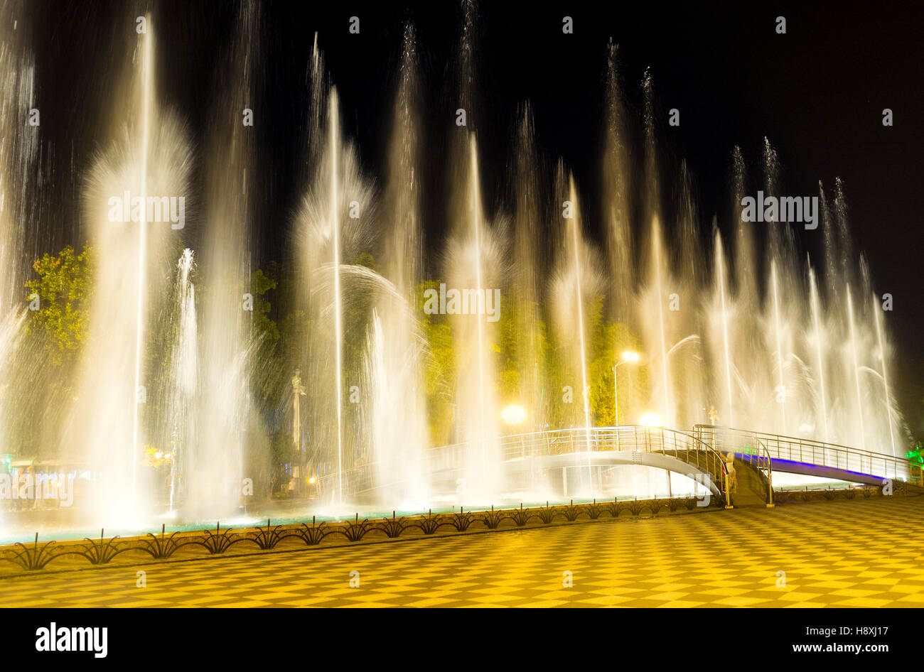 The dancing fountains create figures, looking like the firework of water, Batumi, Georgia. Stock Photo