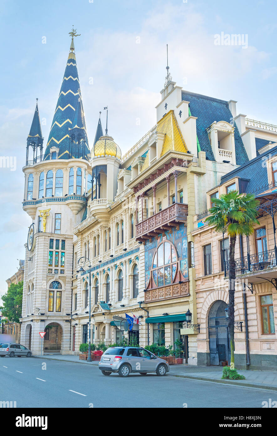 The former building of the National Bank with its famous astronomical tower, looks like the palace from fairy tale, Batumi, Georgia. Stock Photo