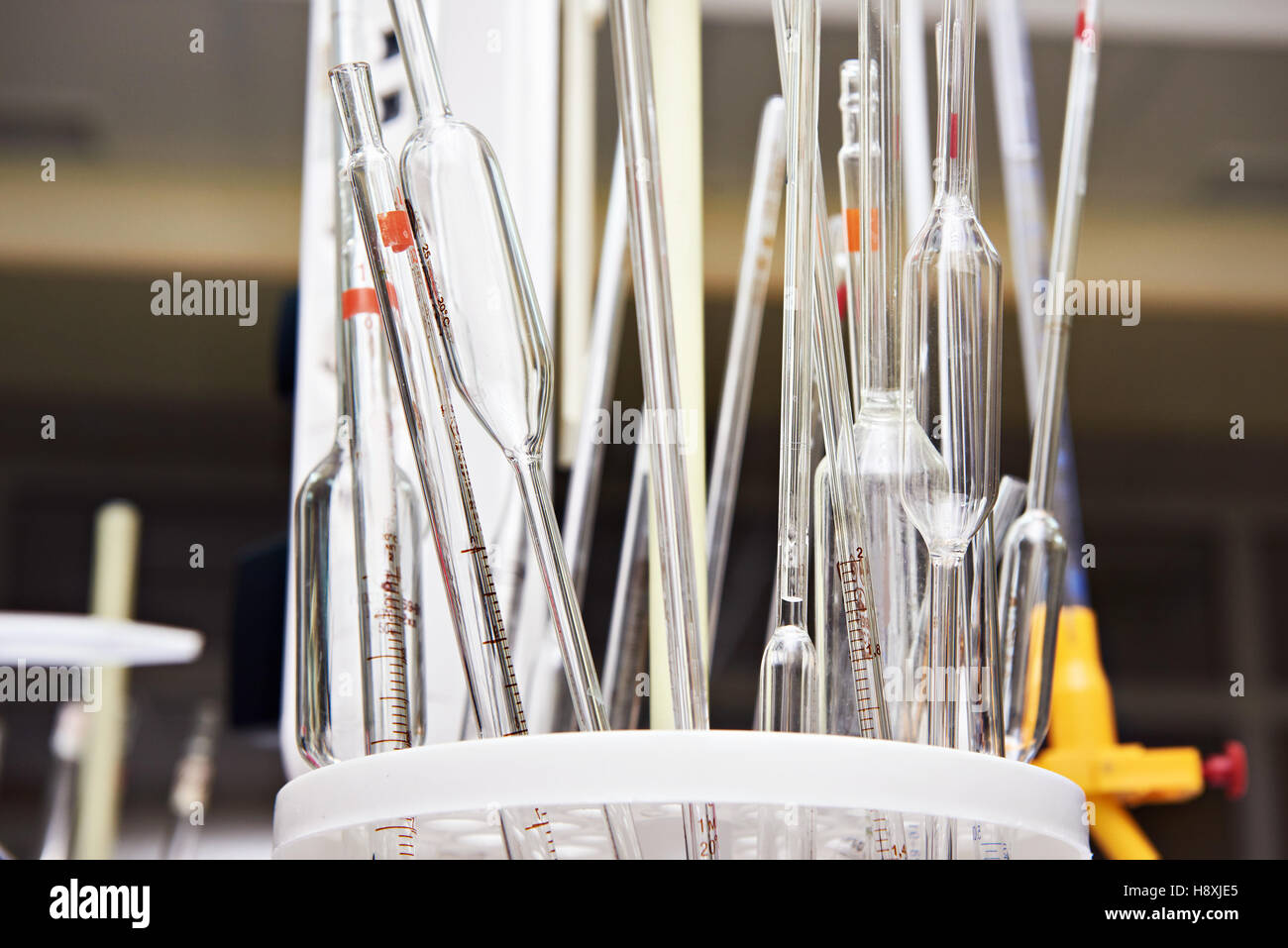Measuring glass tubes for experiences in chemistry laboratory Stock