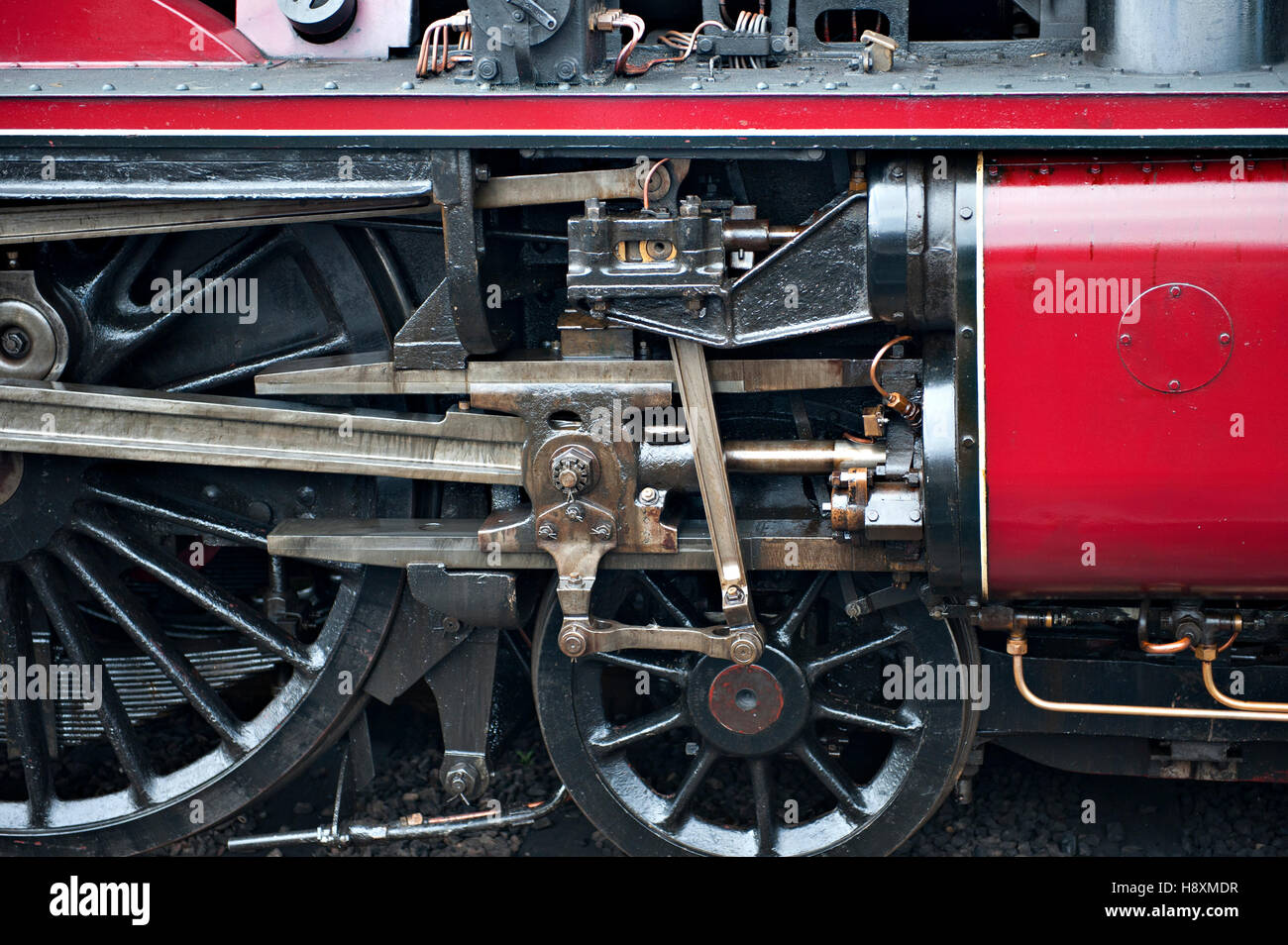 The front end of a steam showing the walschaerts valve gear
