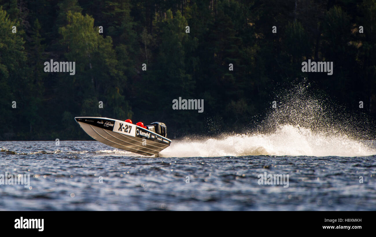 Uppsala Offshore Race after rounding the island Koffsan in Larstaviken. Flies X-27 over the water. A V 300 racer. Stock Photo