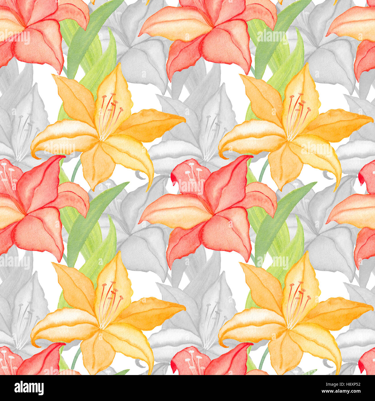 lilly flowers nature and leaves watercolor seamless pattern background ...