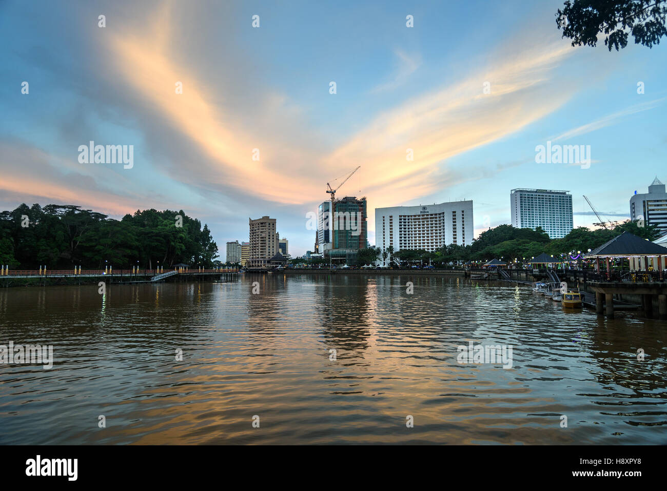 Kuching city waterfront at sunset Sarawak Borneo. Malaysia Stock Photo