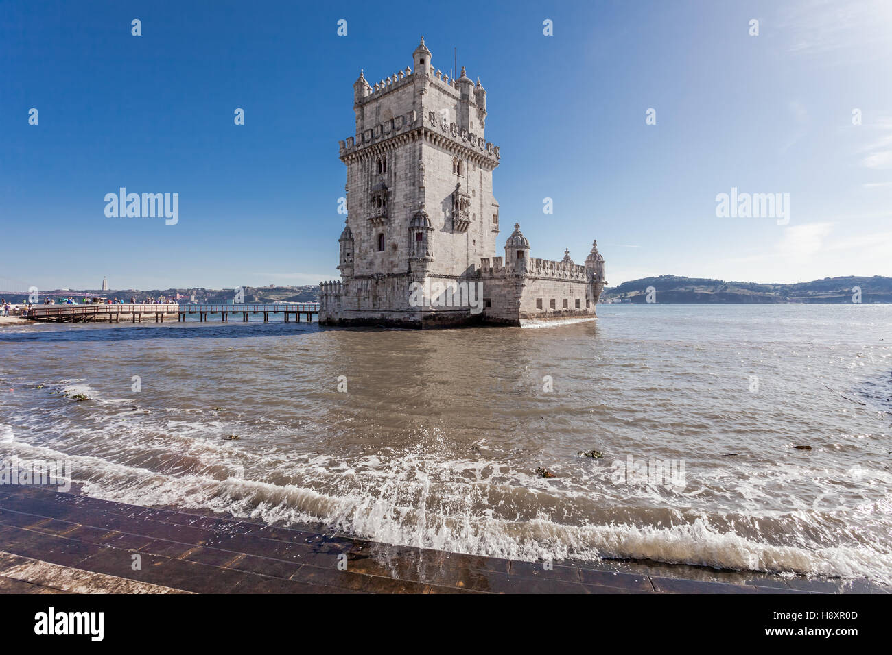 Lisbon, Portugal. Torre de Belem or Belem Tower in the Tagus River. UNESCO World Heritage. Stands as the best example of the Manuelino art. Stock Photo