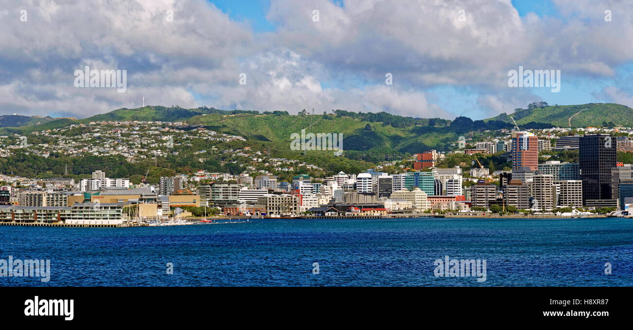 Panoramic view from the sea, Wellington, North Island, New Zealand Stock Photo