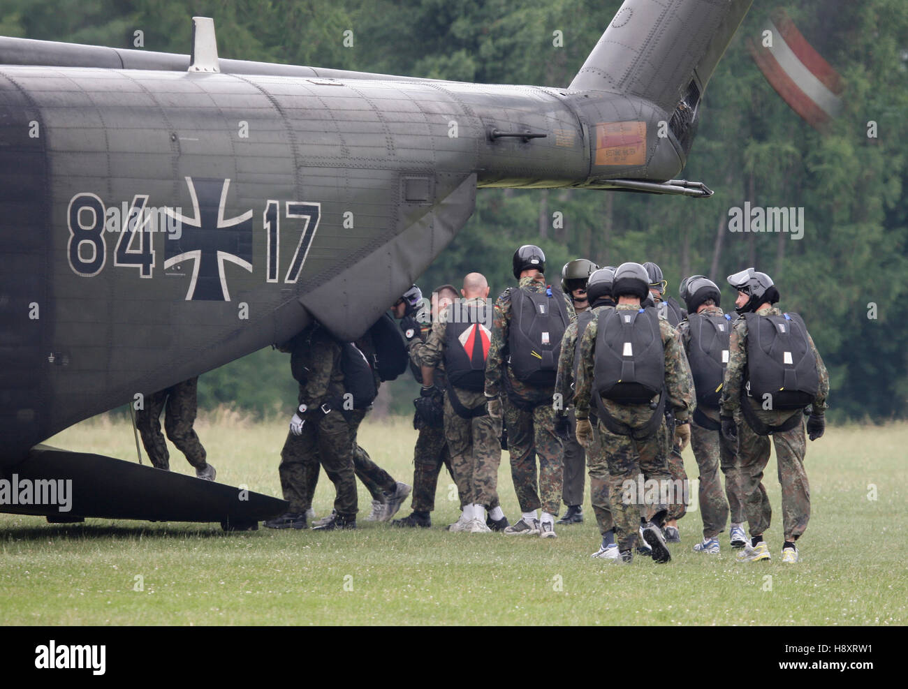 Paratroopers boarding a helicopter, 13th International Paratrooper Competition of the Special Operations Division Stock Photo