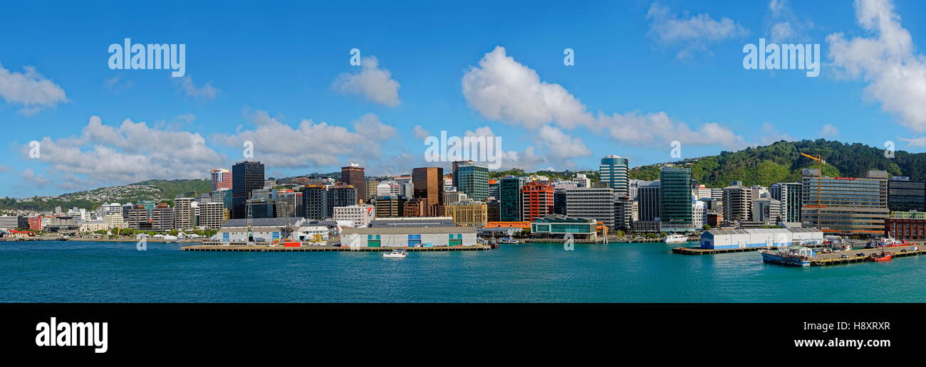Panoramic view of Oriental Bay and Lambton Harbour, Wellington, North Island, New Zealand Stock Photo