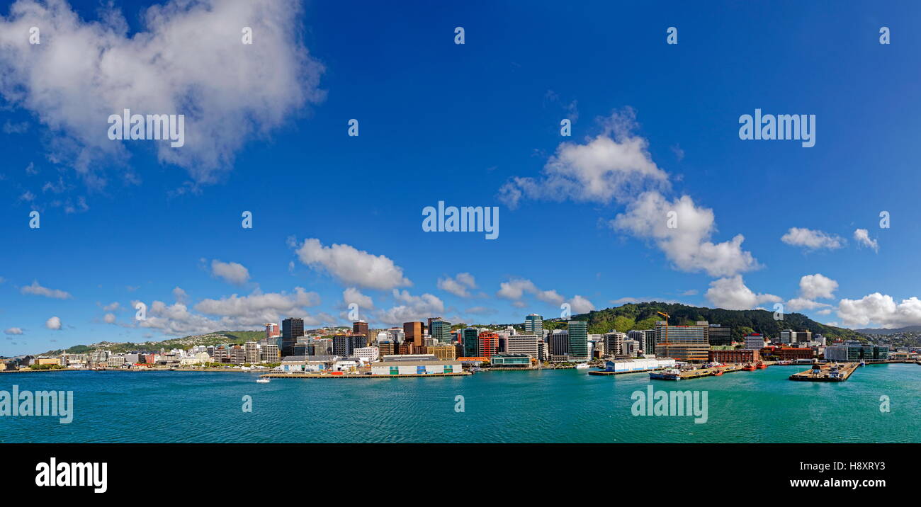 Panoramic view of Oriental Bay and Lambton Harbour, Wellington, North Island, New Zealand Stock Photo