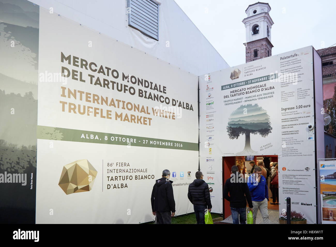 White truffle market entrance during Alba White Truffle Fair in Alba