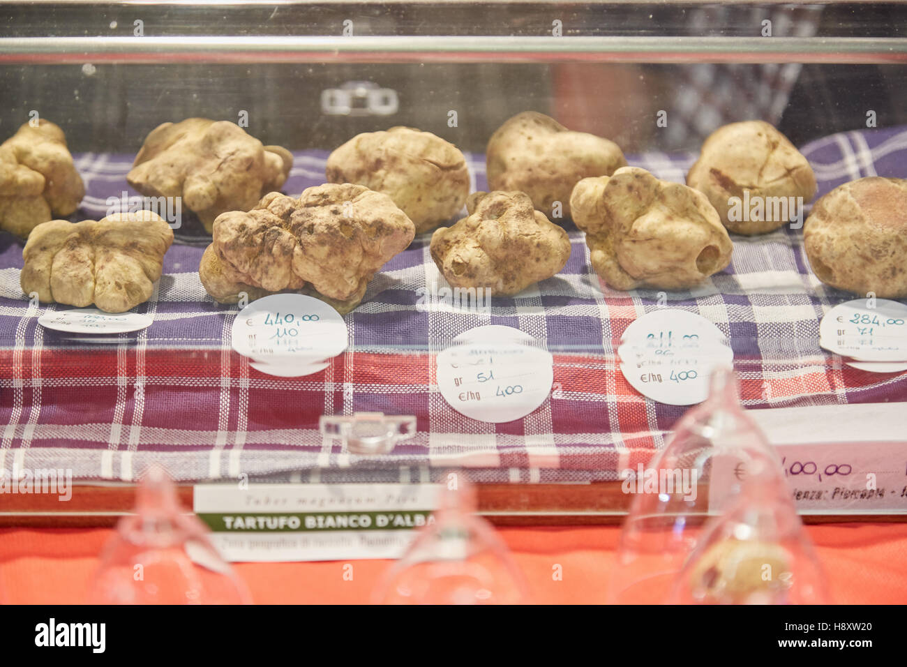 Big white truffles on sale during Alba White Truffle Fair in Alba