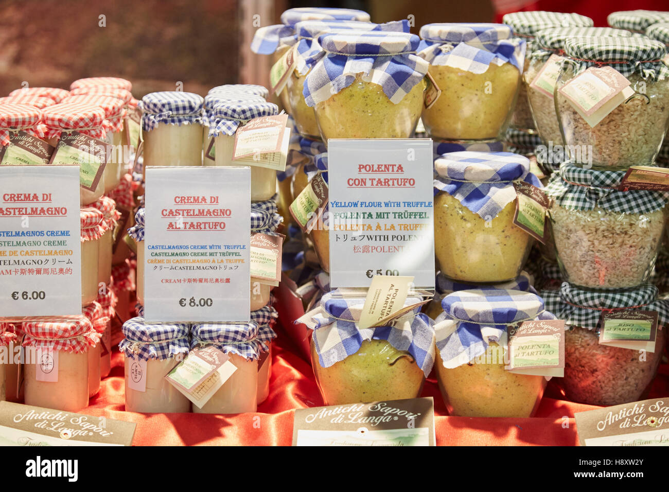 Truffle flavored cream and polenta on sale during Alba White Truffle Fair in Alba, Italy Stock Photo