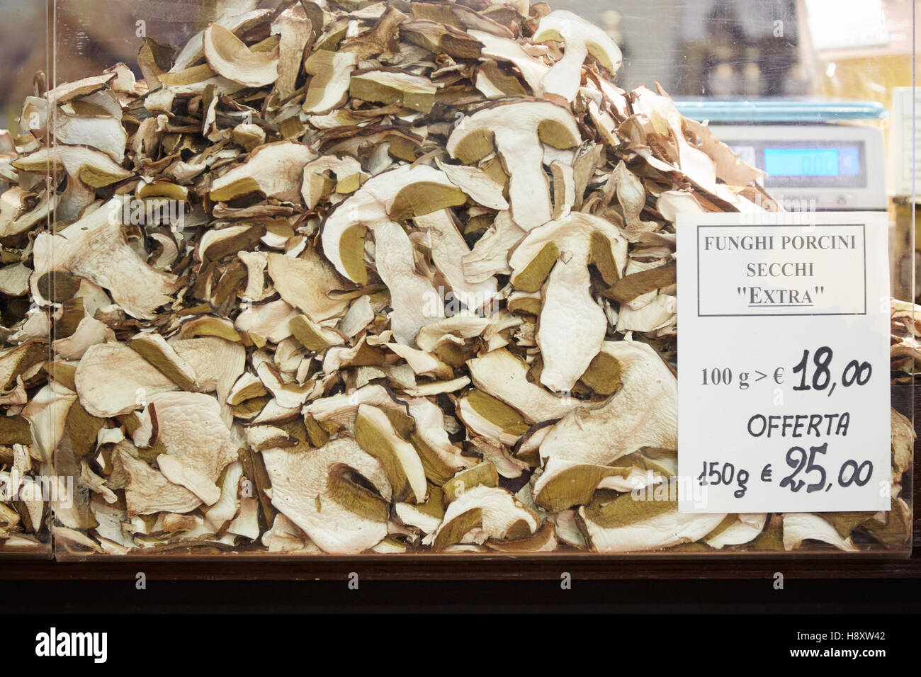 Dried porcini mushrooms on sale during Alba White Truffle Fair in Alba, Italy Stock Photo