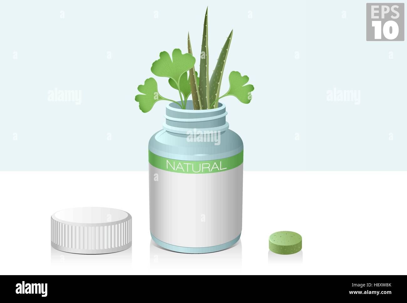 Aloe and ginkgo biloba plants coming out of a medicine bottle, green tablet or pill Stock Vector