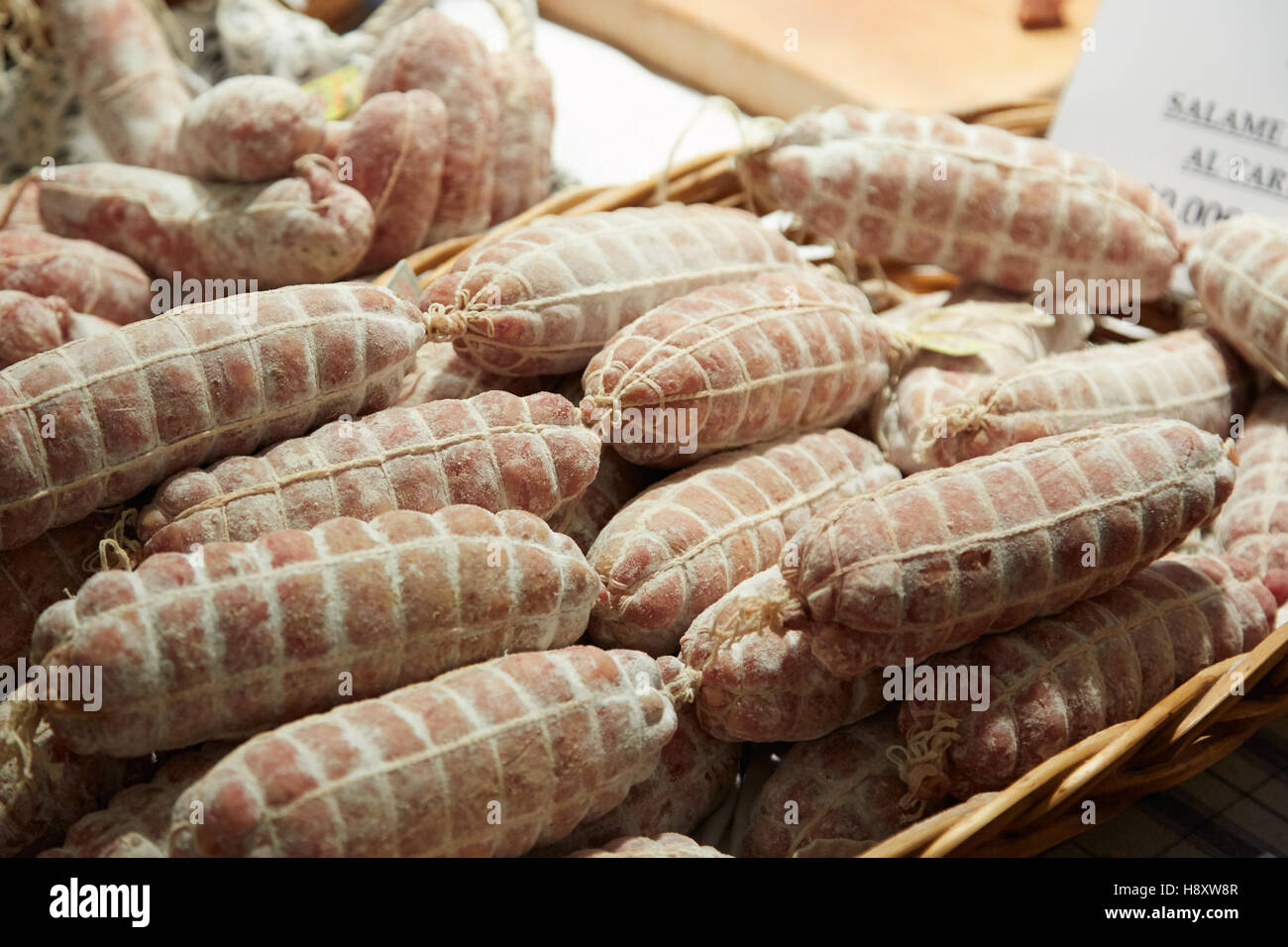 Truffle flavored salami on sale during Alba White Truffle Fair in Alba, Italy Stock Photo