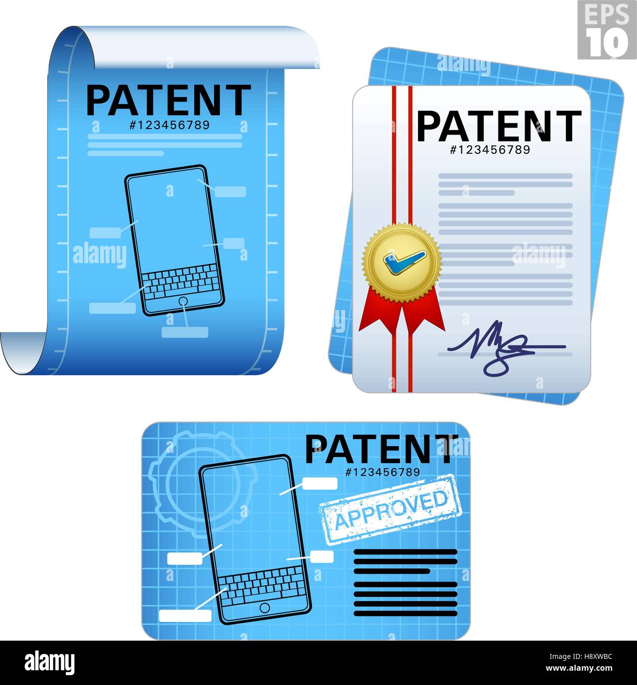 Patent documents, approved legal certificates, blueprints, paper scroll icons Stock Vector