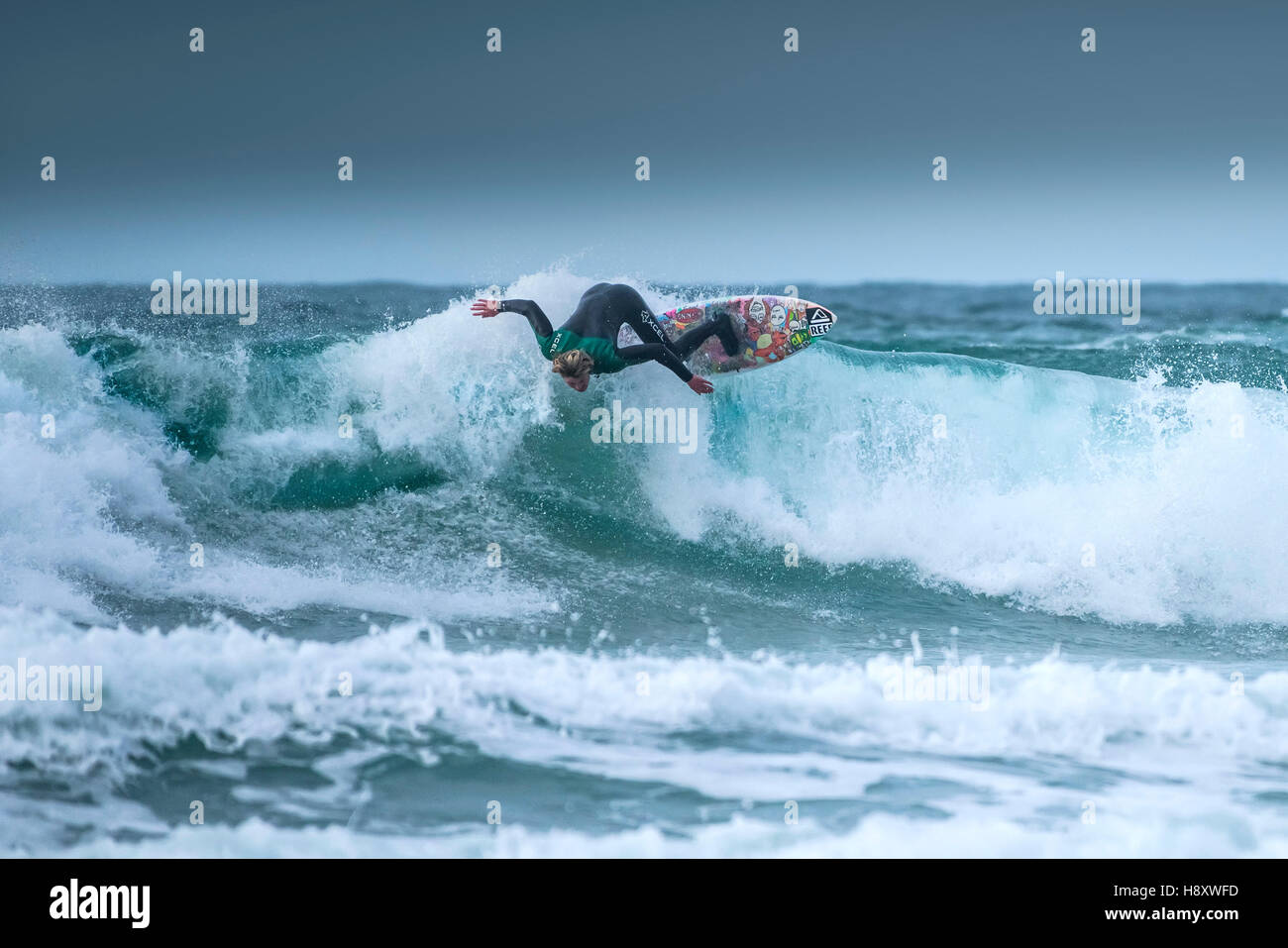 Spectacular surfing at Fistral in Newquay, Cornwall Stock Photo Alamy