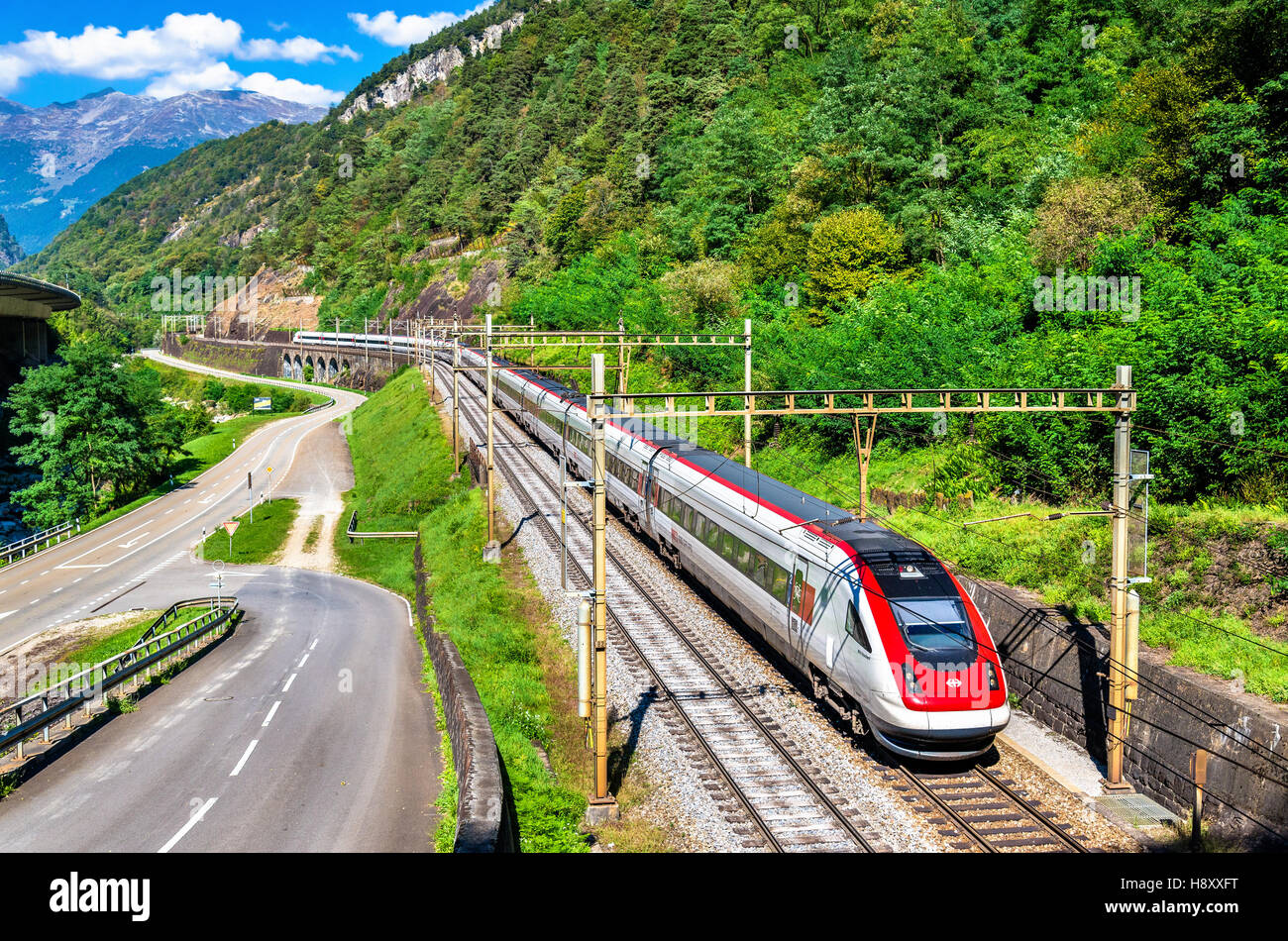 Swiss tilting high-speed train on the Gotthard railway Stock Photo