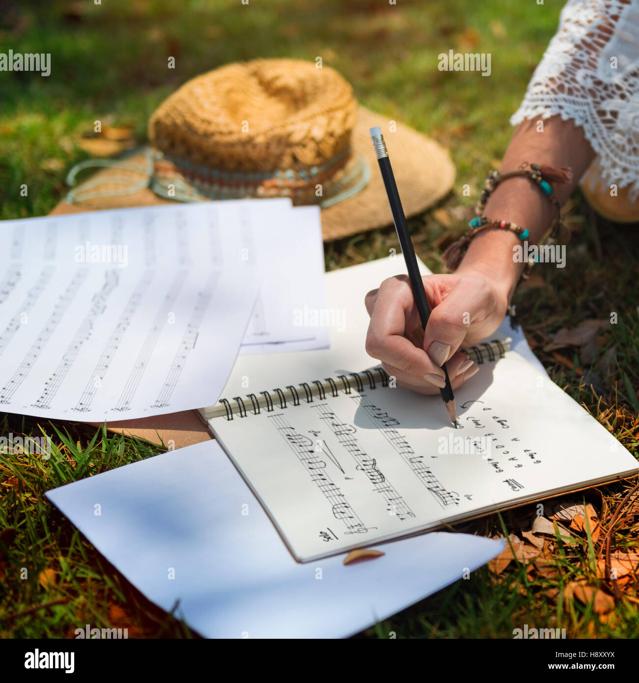 Hippie Musician Songwriter Writing Concept Stock Photo