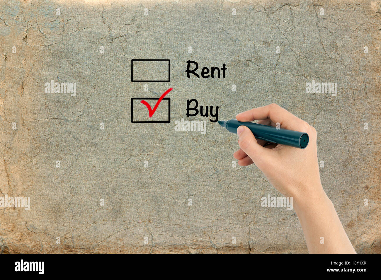 Buy not rent concept on old paper background Stock Photo - Alamy
