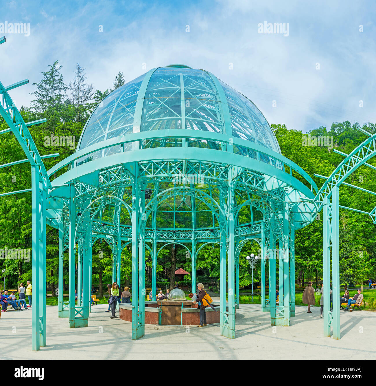 The modern pavilion with the hot source in Mineral Water Park Stock Photo