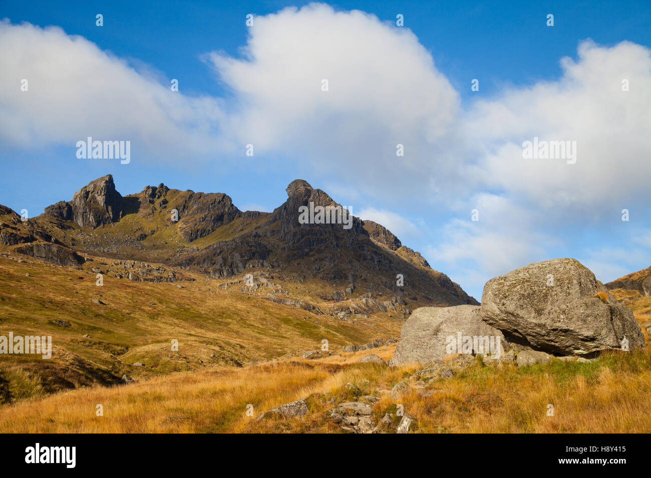Looking up towards the The Cobbler mountain in the Arrochar Alps, Scotland Stock Photo