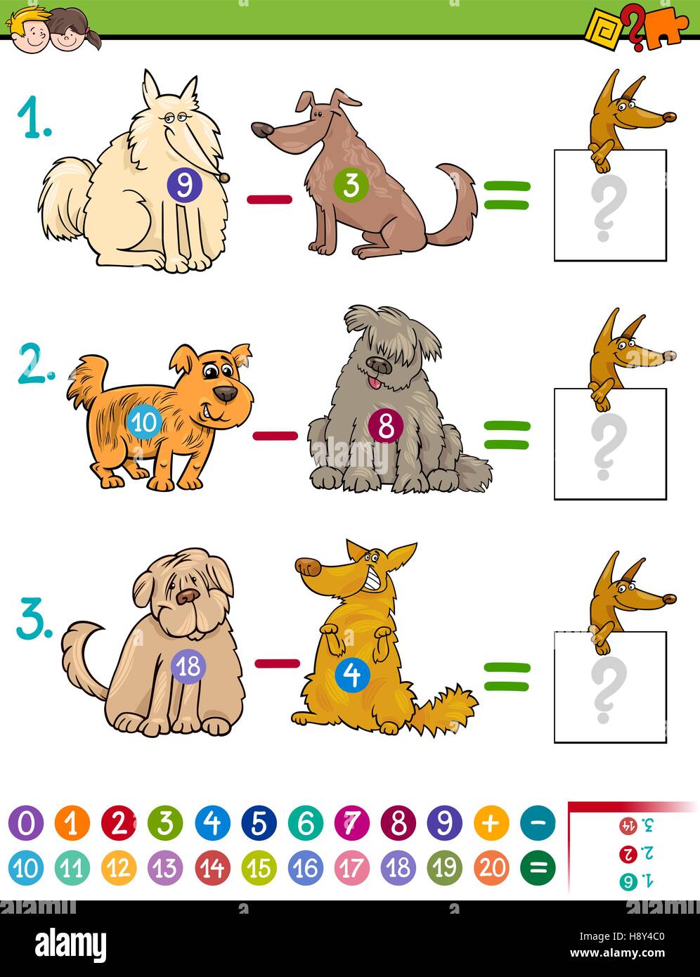 Cartoon Illustration of Educational Mathematical Subtraction Game for Children with Dog Characters Stock Vector
