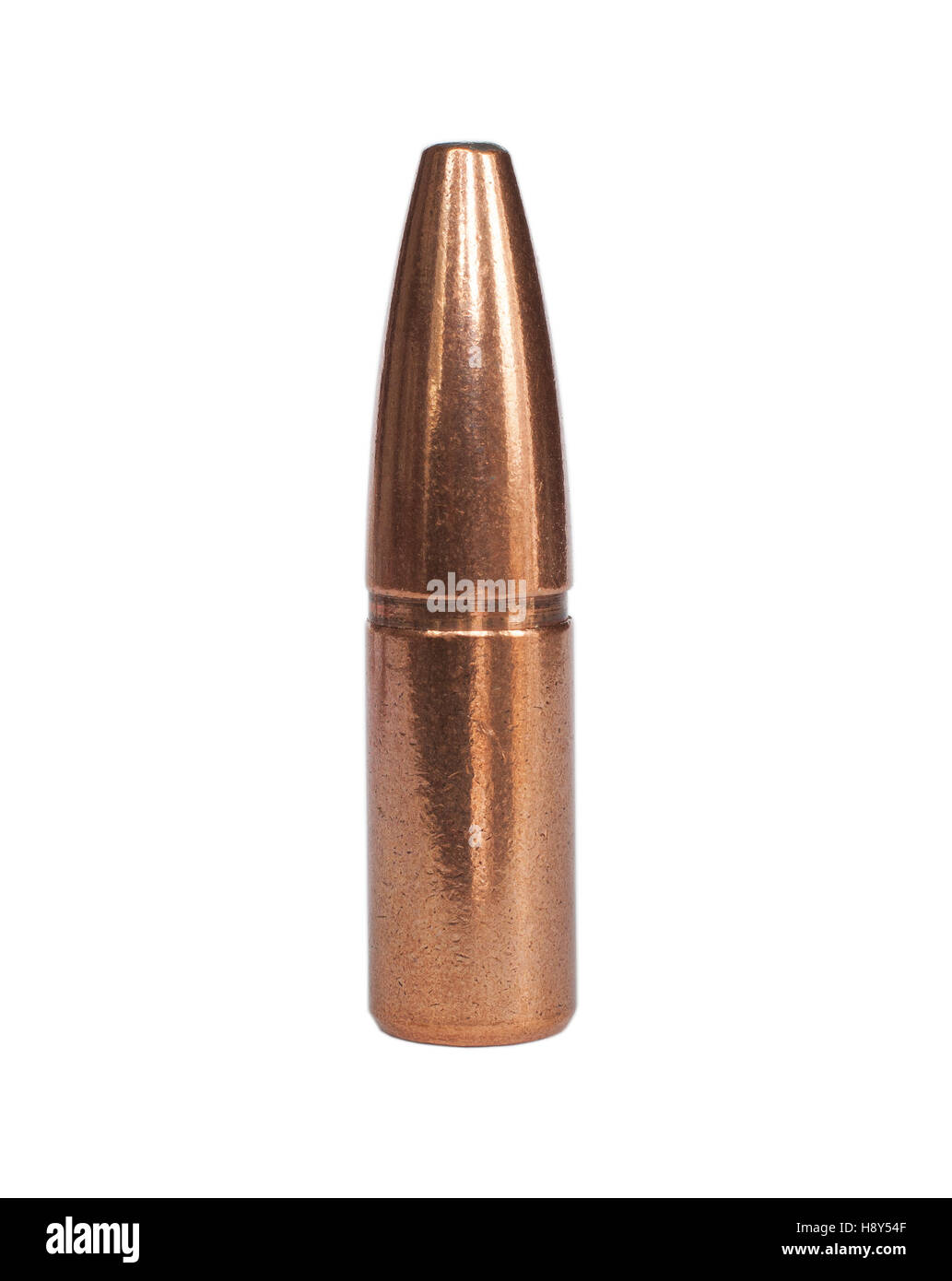 Thirty caliber rifle bullet with a copper jacket on white Stock Photo