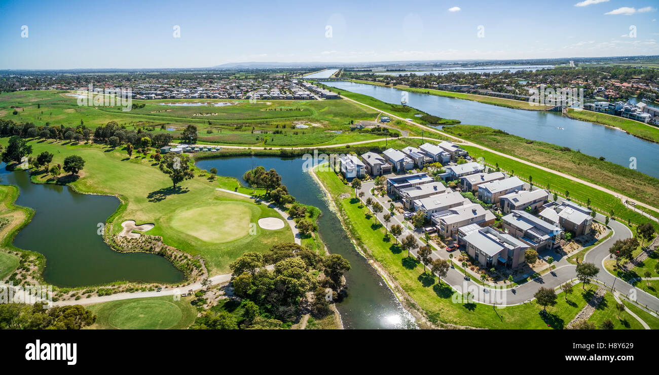 Aerial panorama of Patterson River, Bonbeach suburb, and golf club on bright sunny day. Melbourne, Australia Stock Photo