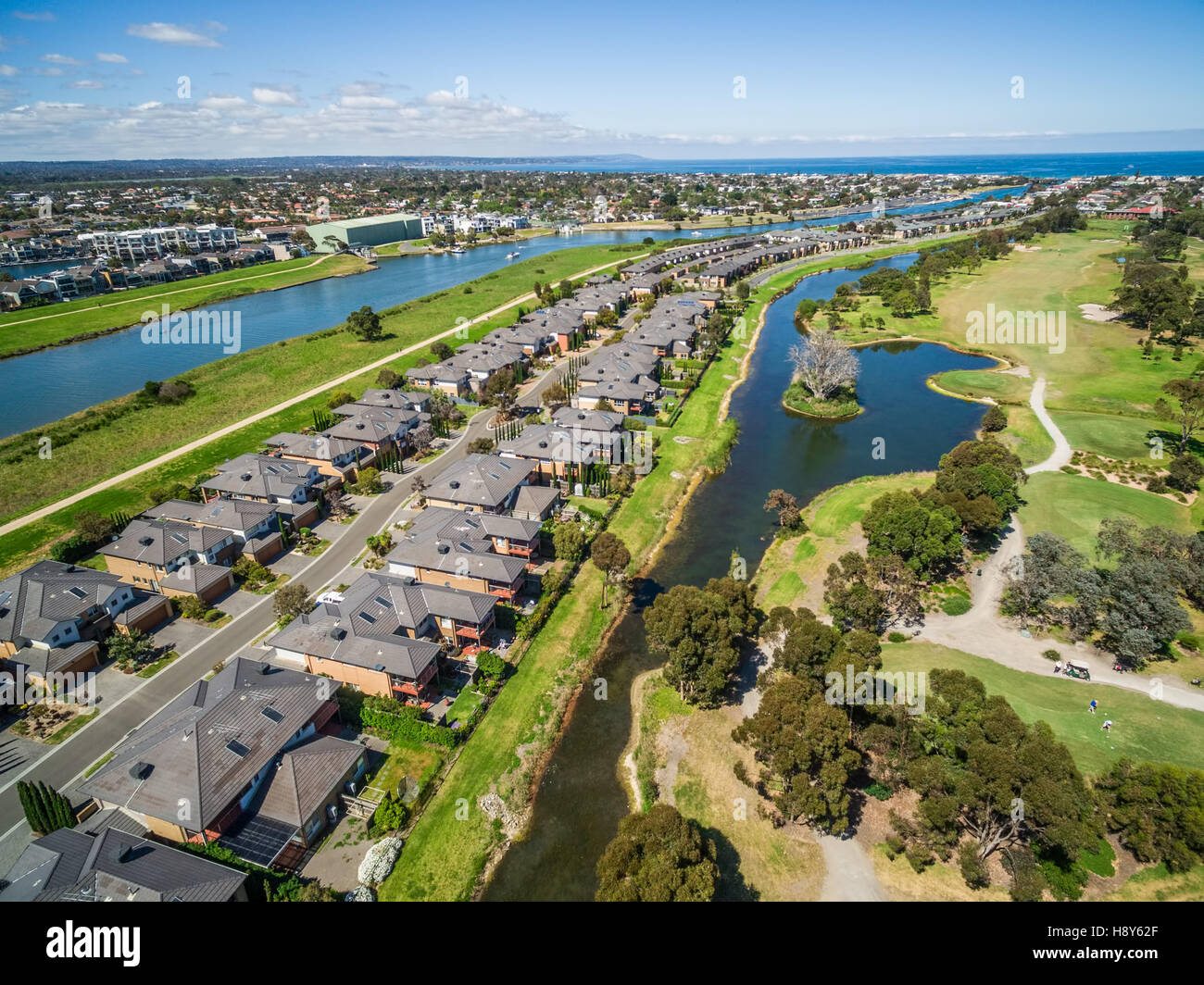 Aerial view of Bonbeach suburb and Patterson river on bright sunny day. Melbourne, Australia Stock Photo