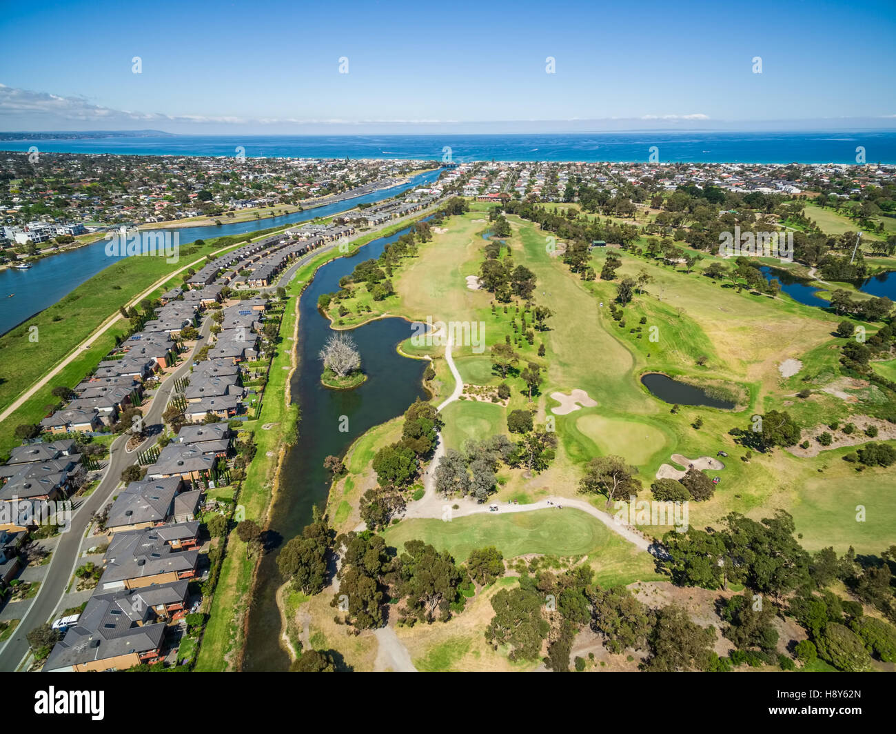 Aerial view of Bonbeach suburb, Patterson river and golf club on bright sunny day. Melbourne, Australia Stock Photo