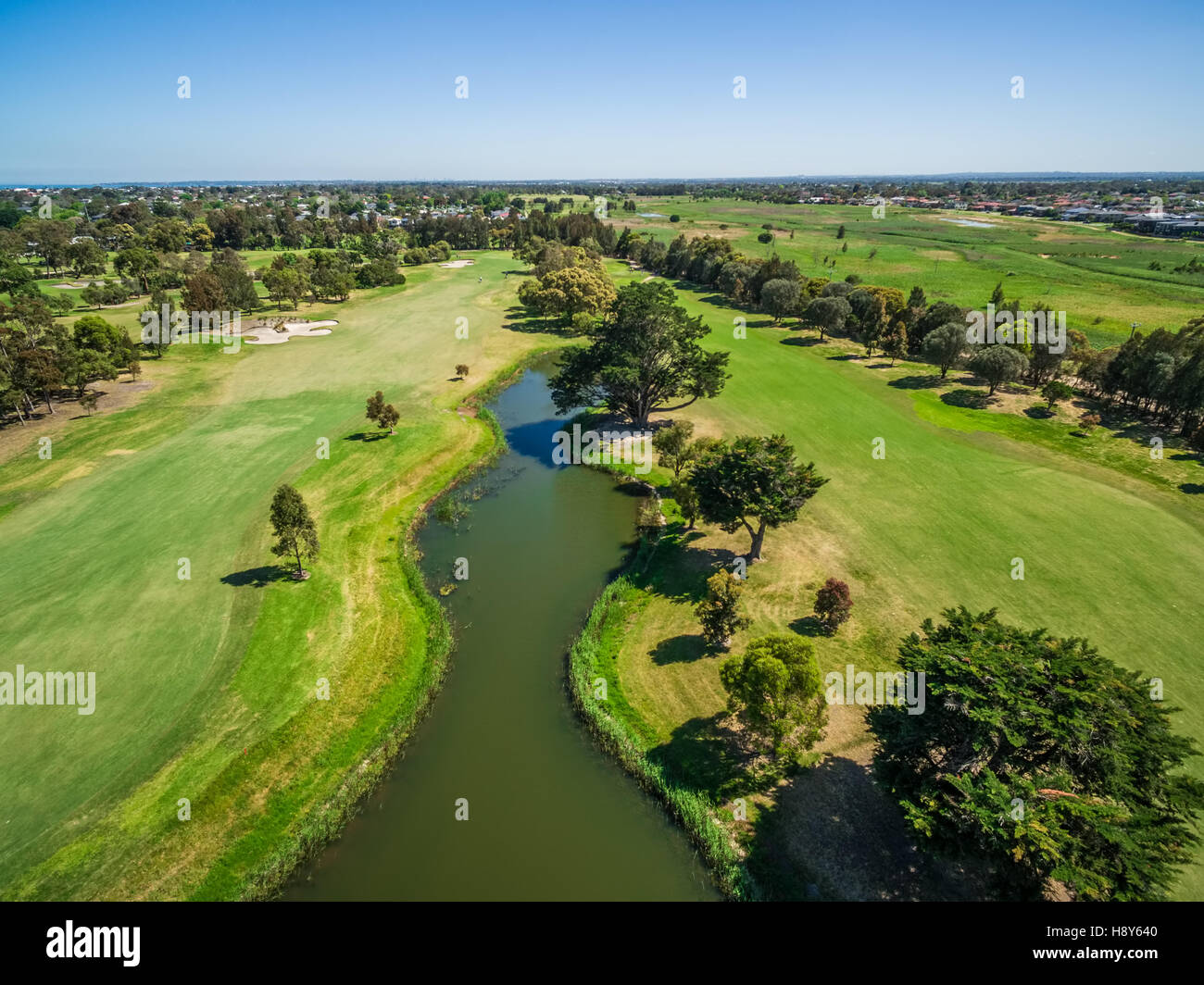 Aerial view of Patterson River Golf Club on a bright sunny day. Melbourne, Australia. Stock Photo