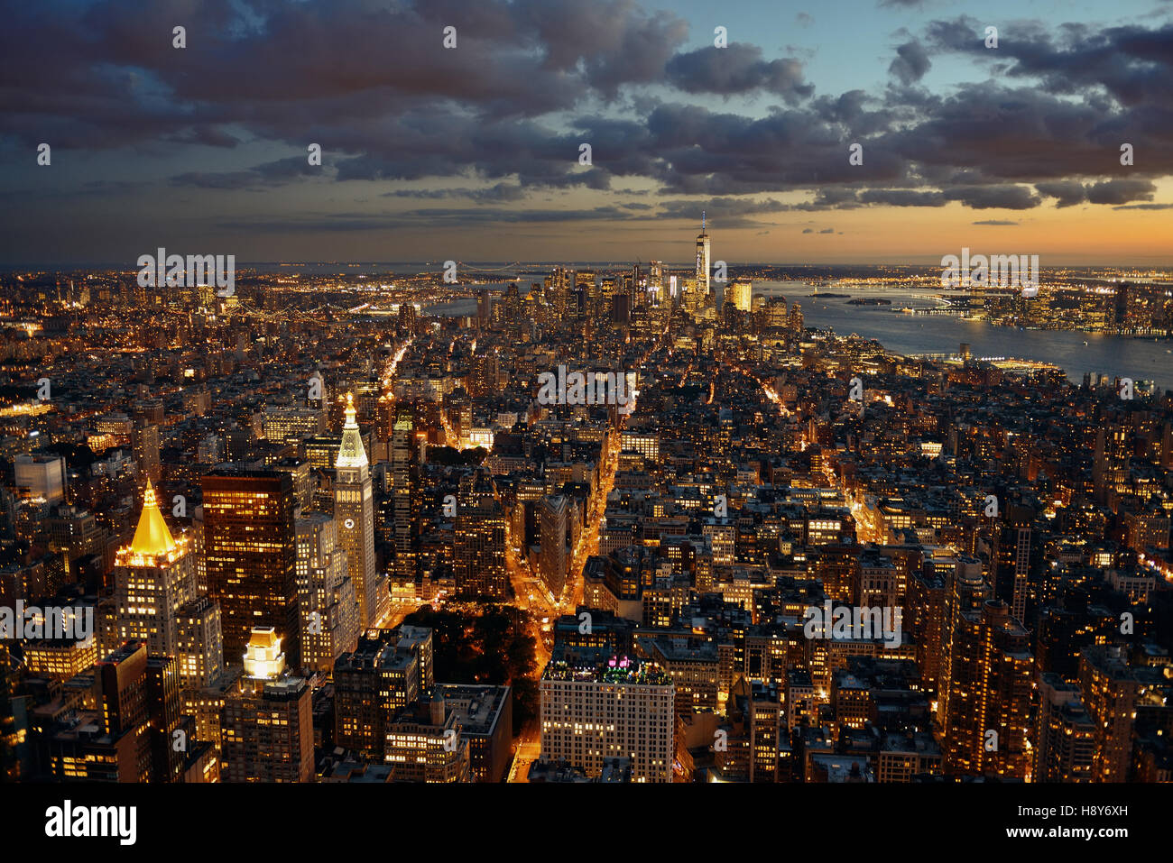 New York City downtown skyline view at night Stock Photo - Alamy