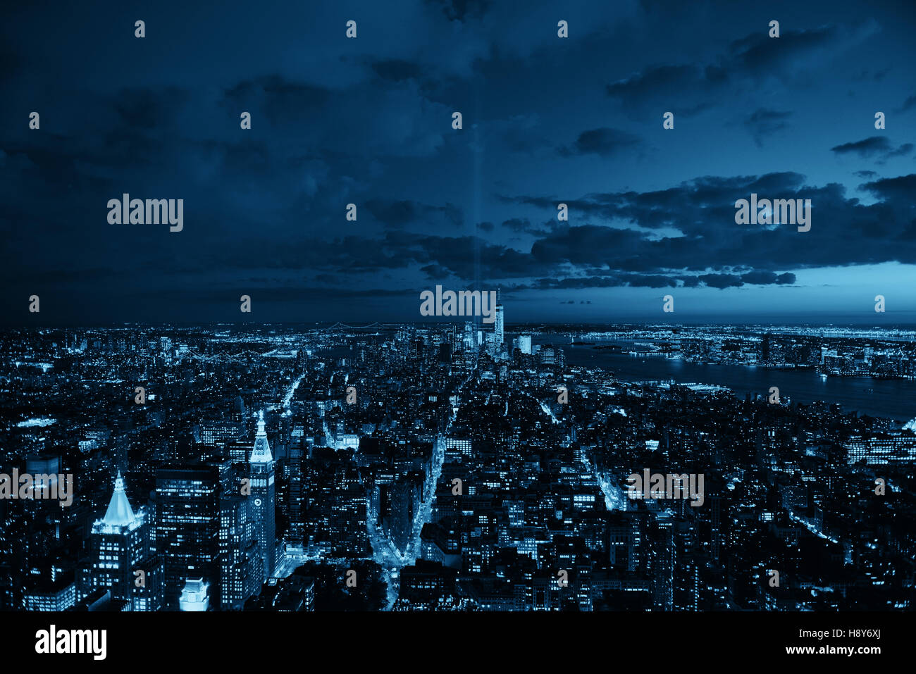 New York City downtown skyline view at night with September 11 tribute ...