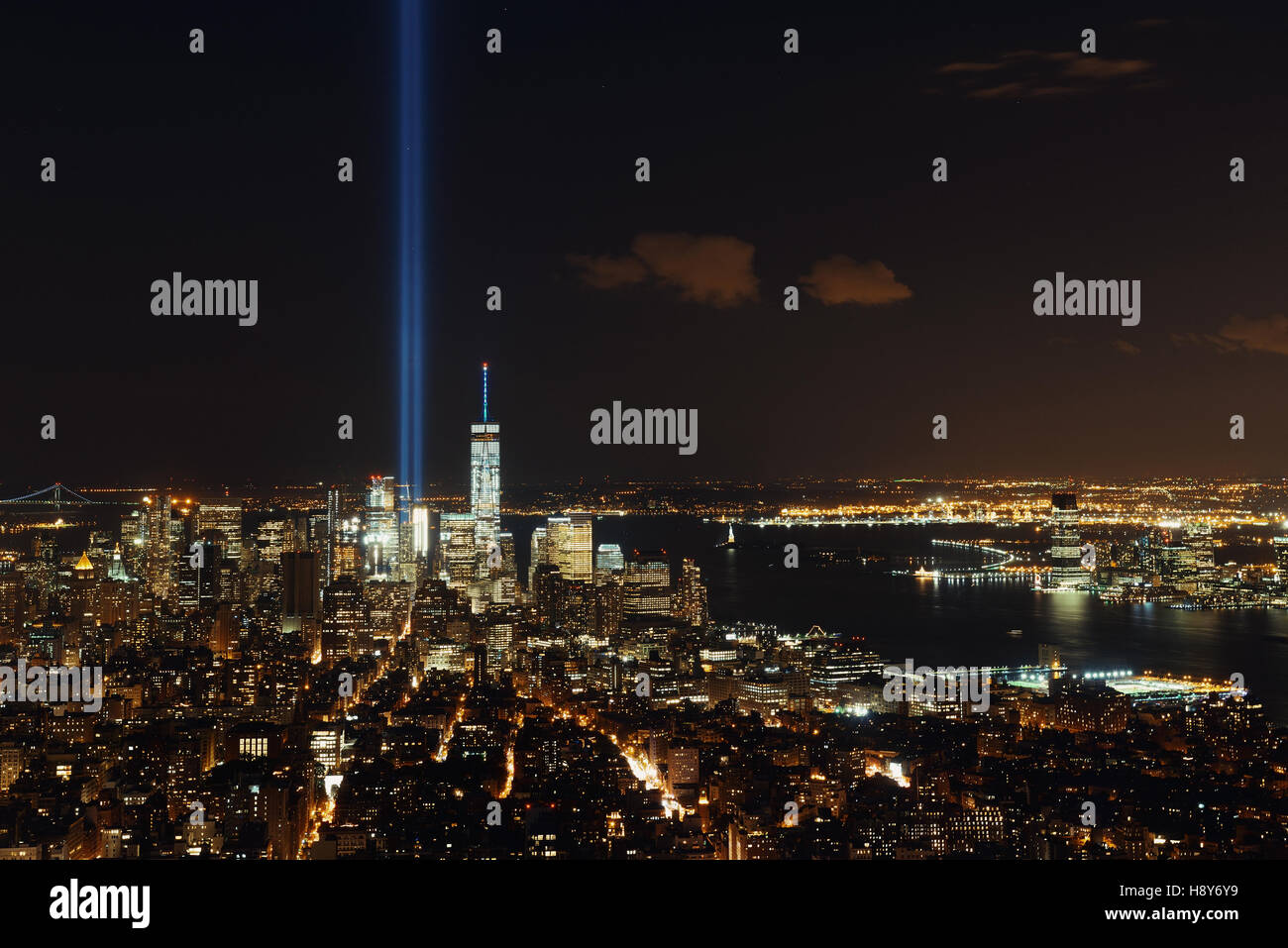 New York City downtown skyline view at night with September 11 tribute ...