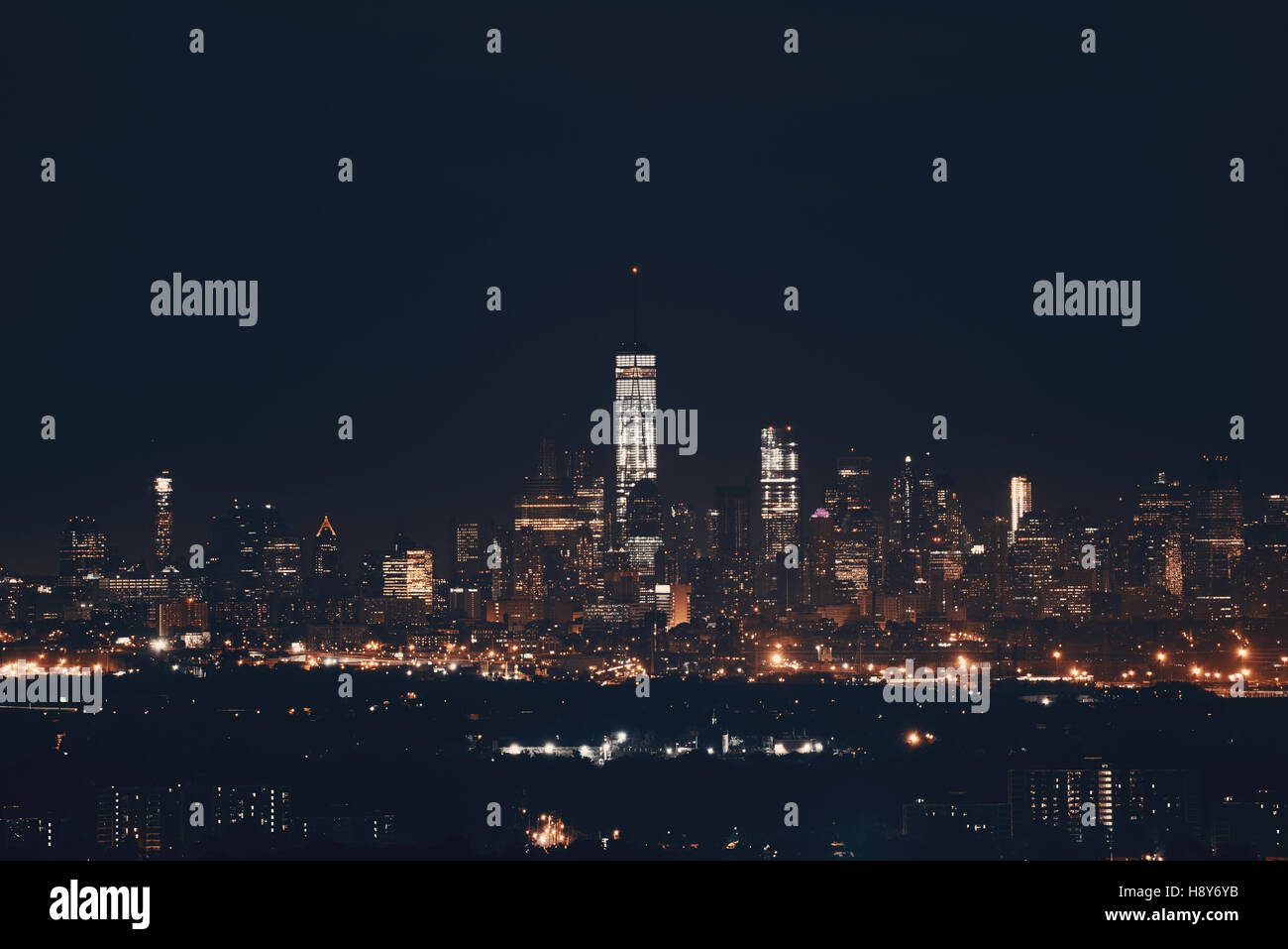 New York City downtown skyline at night Stock Photo - Alamy