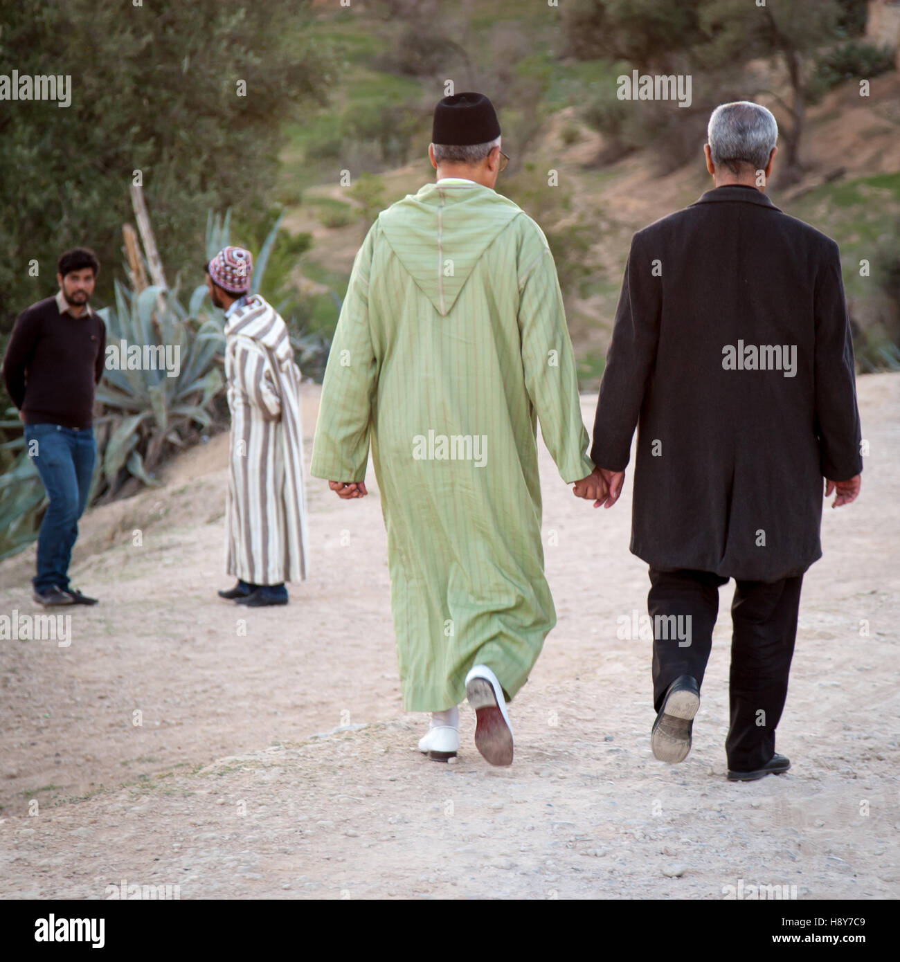 Two elderly men are walking hand in hand down a path near Fez, Morocco – a gesture of friendship common in the country – whilst in the background two young men stand next to an agave plant. Stock Photo