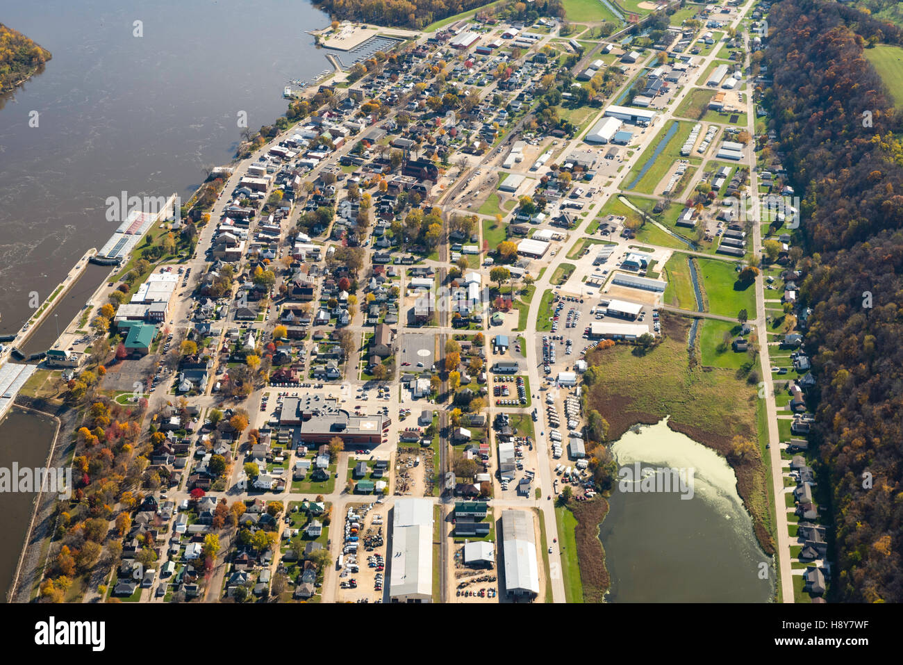 Aerial photograph of Guttenberg, Iowa and Lock & Dam Number 10 on the