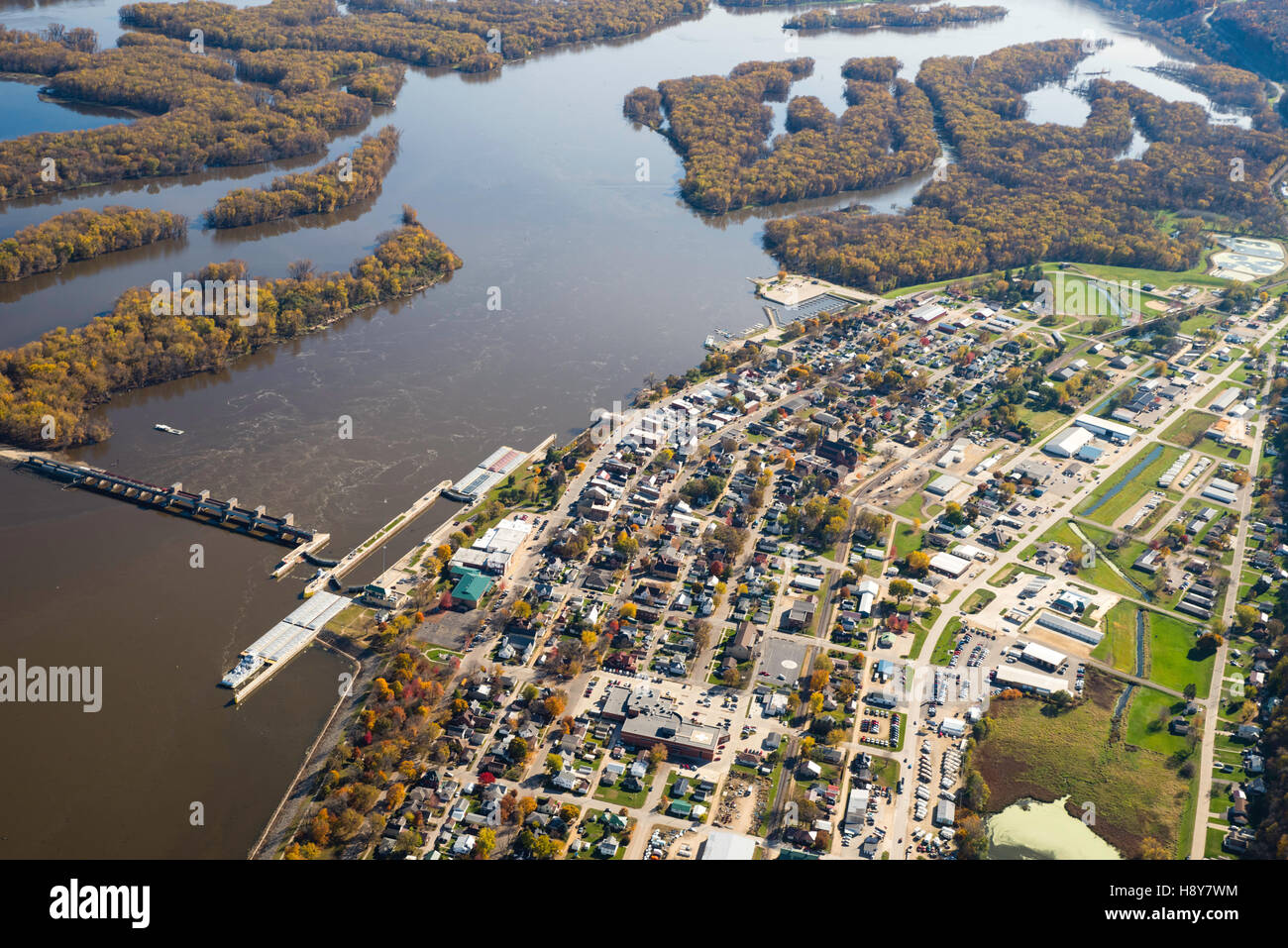 Aerial photograph of Guttenberg, Iowa and Lock & Dam Number 10 on the